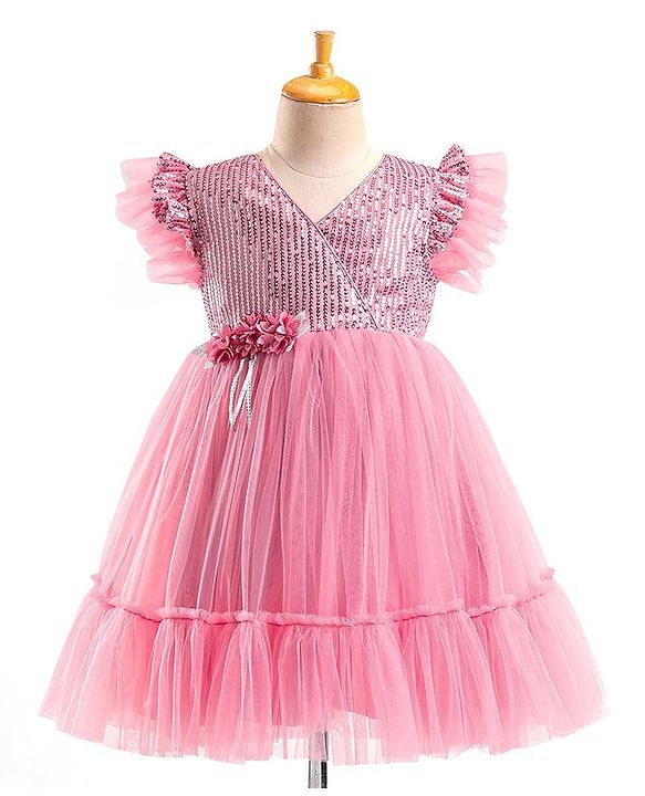 Babyhug Flutter Sleeves Party Wear Frock With Sequin Detailing & Floral Applique- Dusty Pink