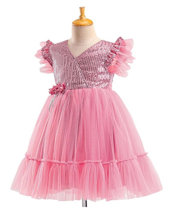 Babyhug Flutter Sleeves Party Wear Frock With Sequin Detailing & Floral Applique- Dusty Pink