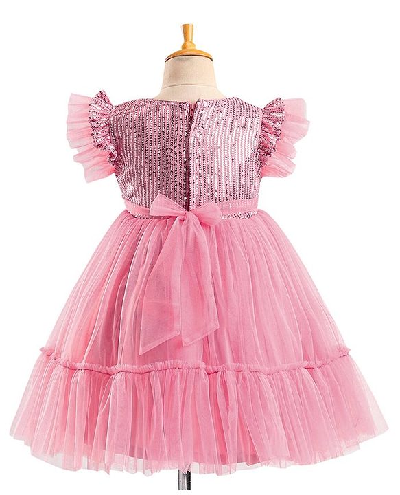 Babyhug Flutter Sleeves Party Wear Frock With Sequin Detailing & Floral Applique- Dusty Pink
