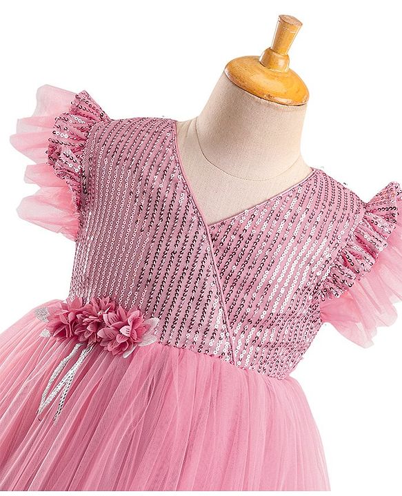 Babyhug Flutter Sleeves Party Wear Frock With Sequin Detailing & Floral Applique- Dusty Pink