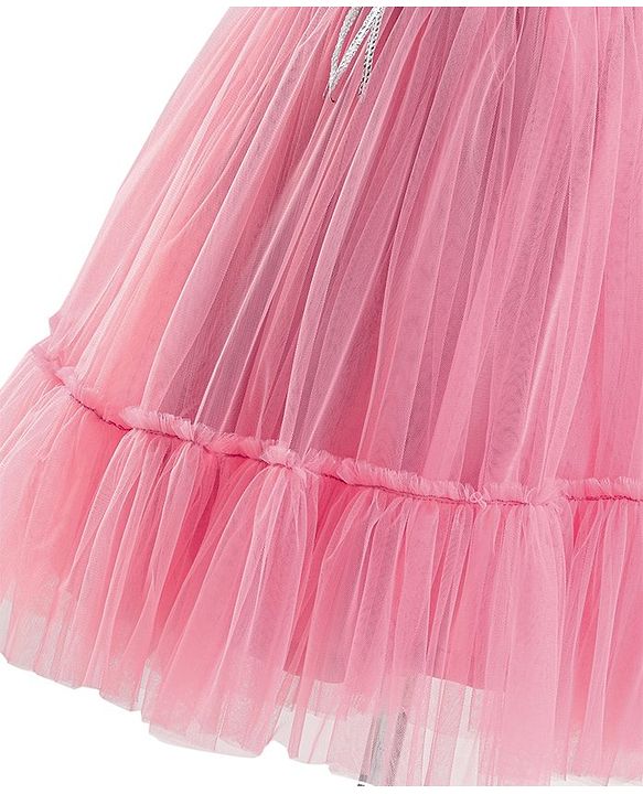 Babyhug Flutter Sleeves Party Wear Frock With Sequin Detailing & Floral Applique- Dusty Pink