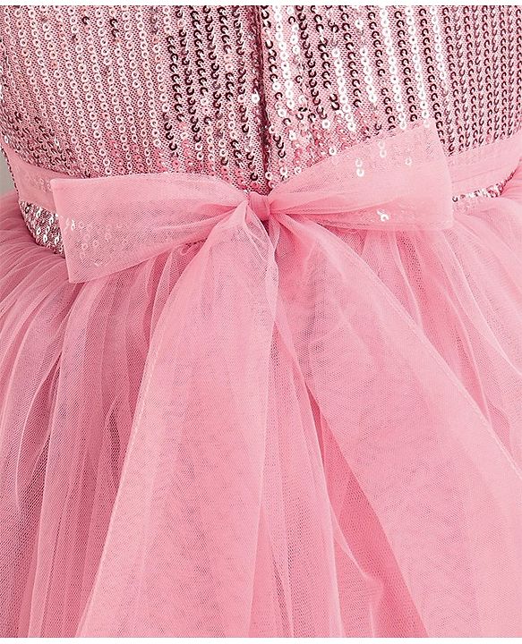 Babyhug Flutter Sleeves Party Wear Frock With Sequin Detailing & Floral Applique- Dusty Pink
