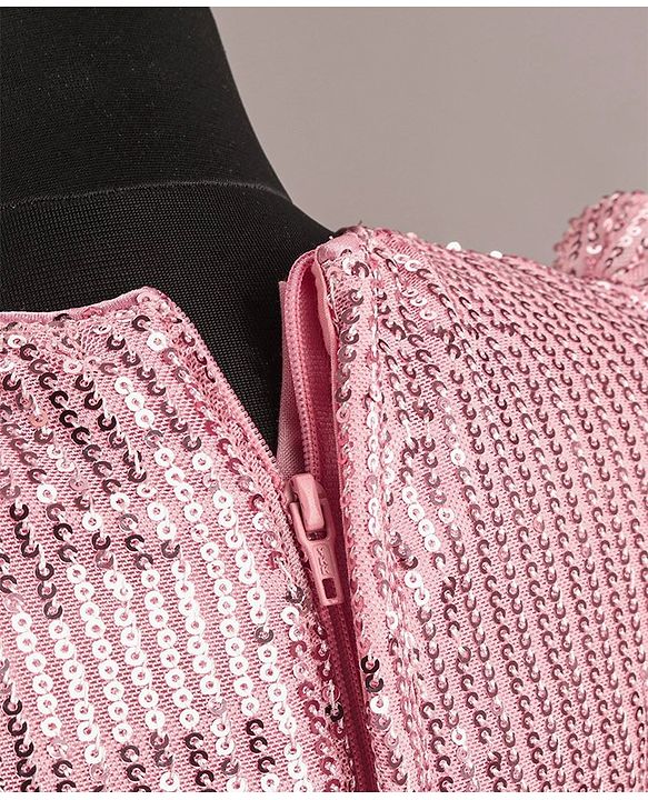 Babyhug Flutter Sleeves Party Wear Frock With Sequin Detailing & Floral Applique- Dusty Pink