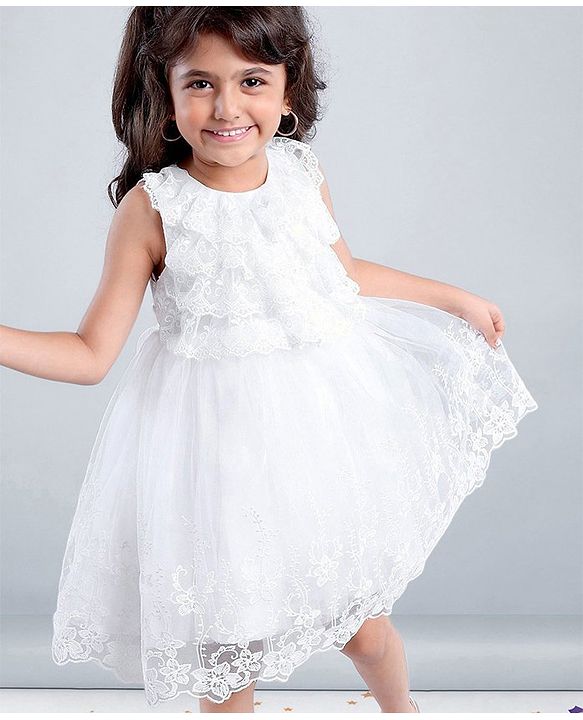 Babyhug Sleeveless Party Wear Frock Embroidered - White