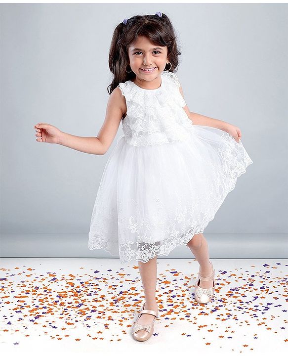 Babyhug Sleeveless Party Wear Frock Embroidered - White
