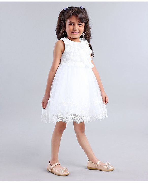 Babyhug Sleeveless Party Wear Frock Embroidered - White