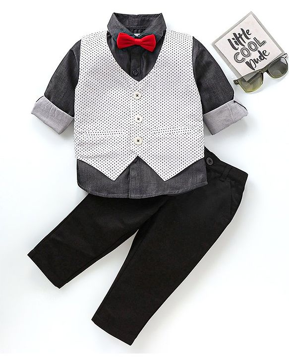 Babyhug Full Sleeves 100% Cotton Waist Coat & Shirt with Stretch Fir Pants - Black