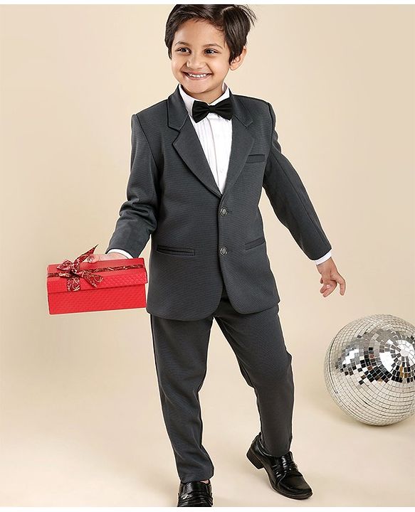 Babyhug Woven Full Sleeves Solid Party Suit with Bow Tie - Grey & White