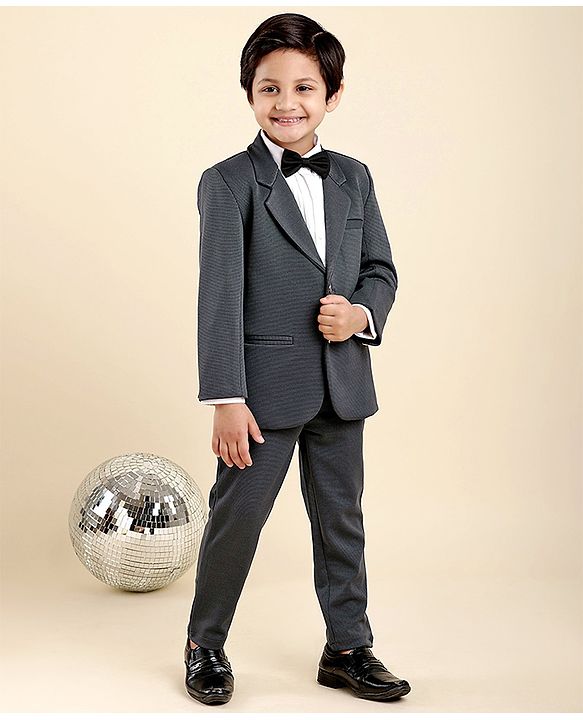 Babyhug Woven Full Sleeves Solid Party Suit with Bow Tie - Grey & White