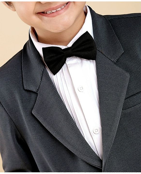 Babyhug Woven Full Sleeves Solid Party Suit with Bow Tie - Grey & White