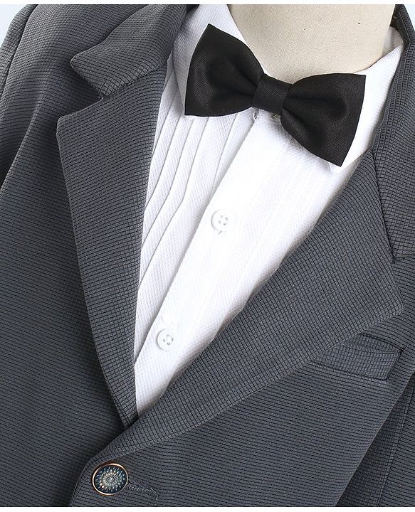 Babyhug Woven Full Sleeves Solid Party Suit with Bow Tie - Grey & White