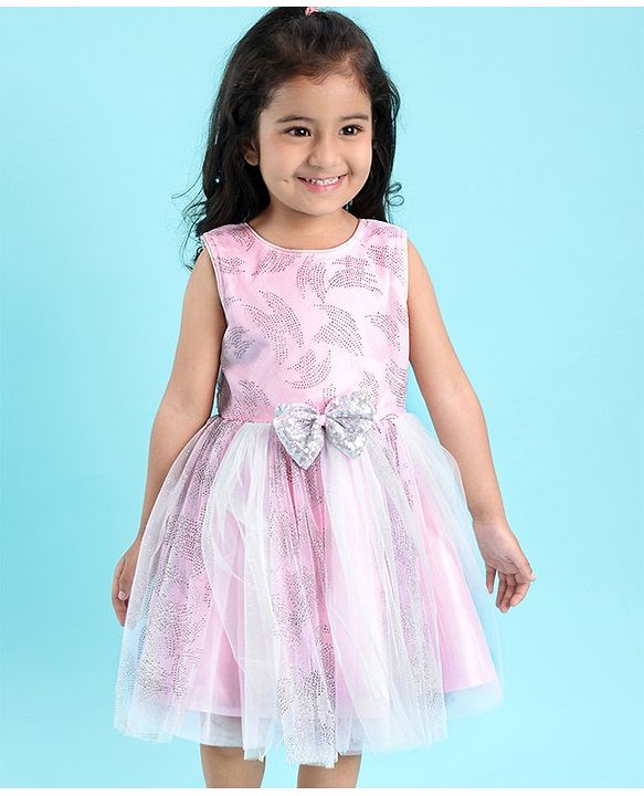 Babyhug Sleeveless Rhine Stones Party Wear Frock With Bow  - Pink