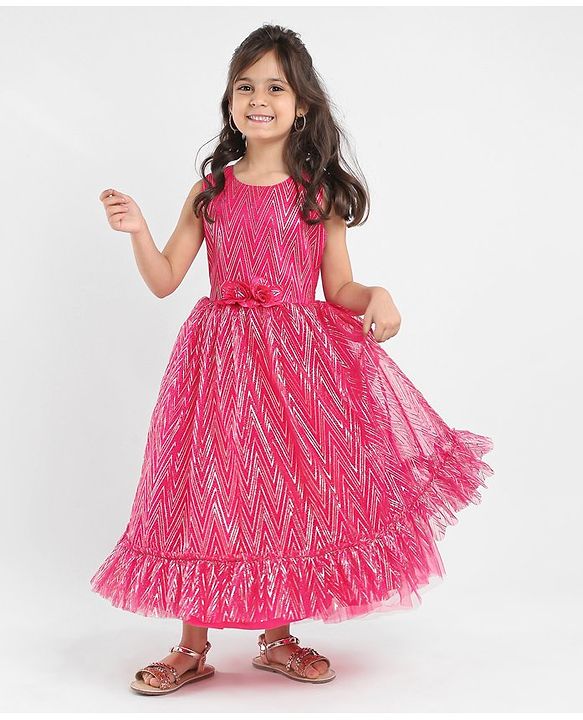 Babyhug Sleeveless Chevron Printed Party Frock - Fuschia