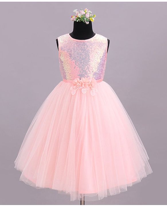Babyhug Sleeveless Sequinned Party Wear Dress - Peach
