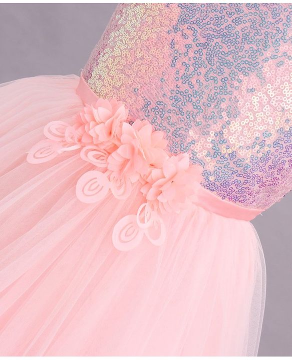 Babyhug Sleeveless Sequinned Party Wear Dress - Peach
