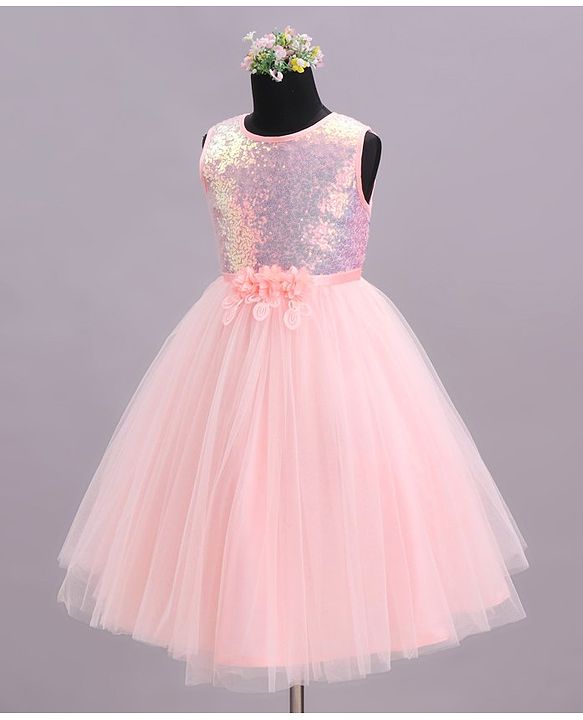 Babyhug Sleeveless Sequinned Party Wear Dress - Peach