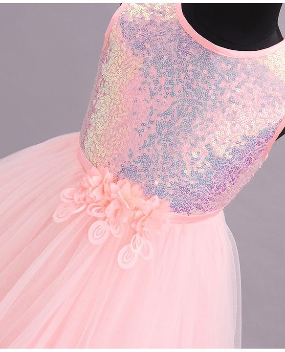 Babyhug Sleeveless Sequinned Party Wear Dress - Peach