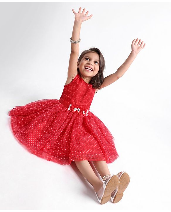 Babyhug Sleeveless Party Frock Foil Glitter Print - Persian Red