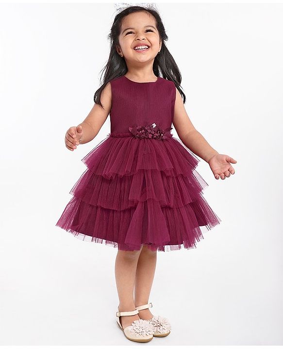 Babyhug Sleeveless Party Wear Layered Frock With Net Detailing & Floral Corsage- Maroon