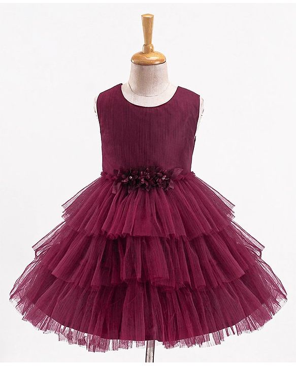 Babyhug Sleeveless Party Wear Layered Frock With Net Detailing & Floral Corsage- Maroon
