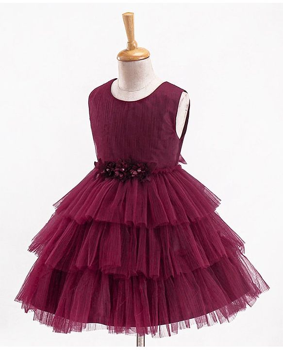 Babyhug Sleeveless Party Wear Layered Frock With Net Detailing & Floral Corsage- Maroon