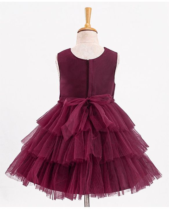Babyhug Sleeveless Party Wear Layered Frock With Net Detailing & Floral Corsage- Maroon