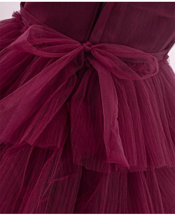 Babyhug Sleeveless Party Wear Layered Frock With Net Detailing & Floral Corsage- Maroon
