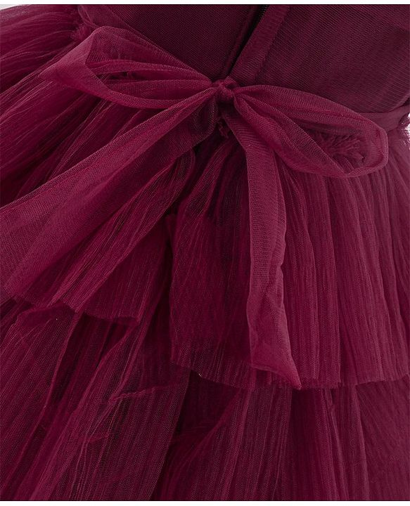 Babyhug Sleeveless Party Wear Layered Frock With Net Detailing & Floral Corsage- Maroon