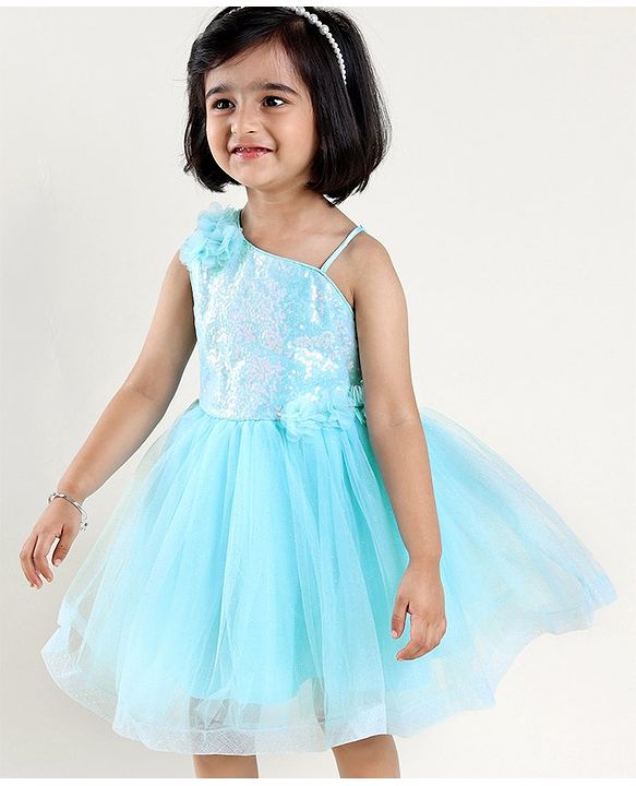 Babyhug Sleeveless Party Wear Frock with Sequins and Corsage - Light Blue