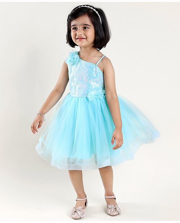 Babyhug Sleeveless Party Wear Frock with Sequins and Corsage - Light Blue