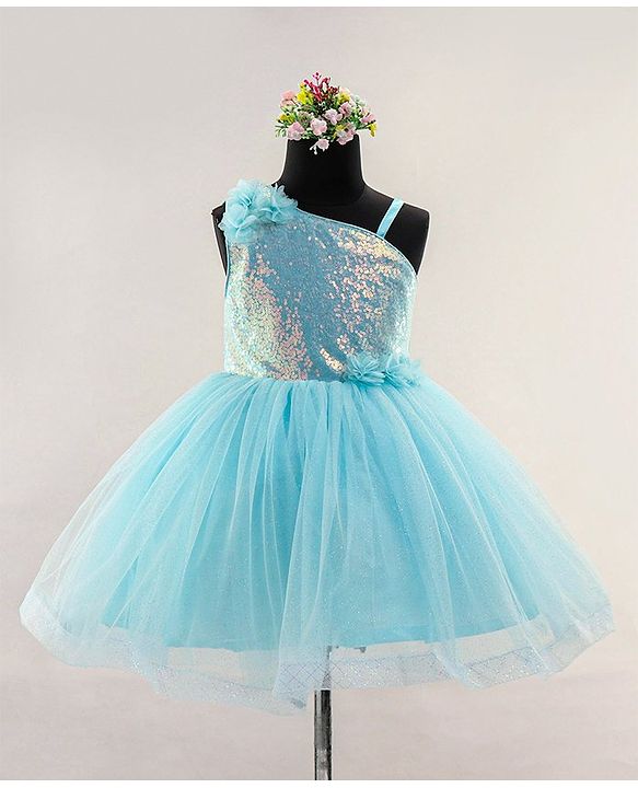 Babyhug Sleeveless Party Wear Frock with Sequins and Corsage - Light Blue
