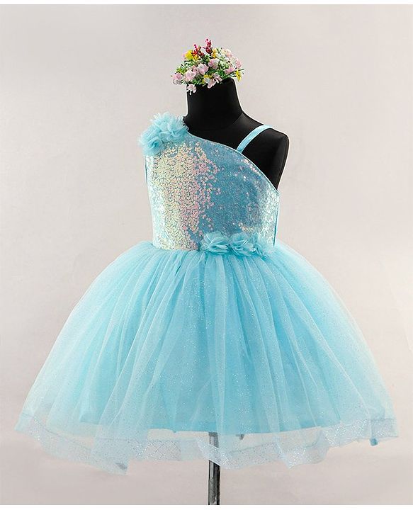 Babyhug Sleeveless Party Wear Frock with Sequins and Corsage - Light Blue