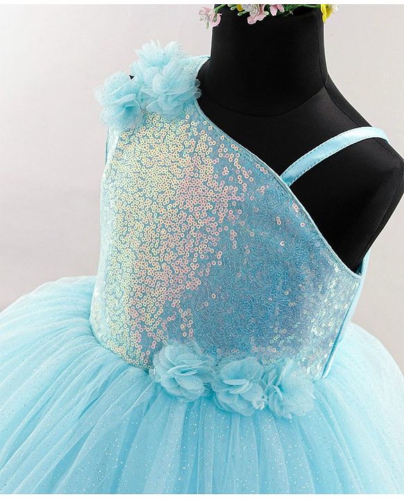 Babyhug Sleeveless Party Wear Frock with Sequins and Corsage - Light Blue