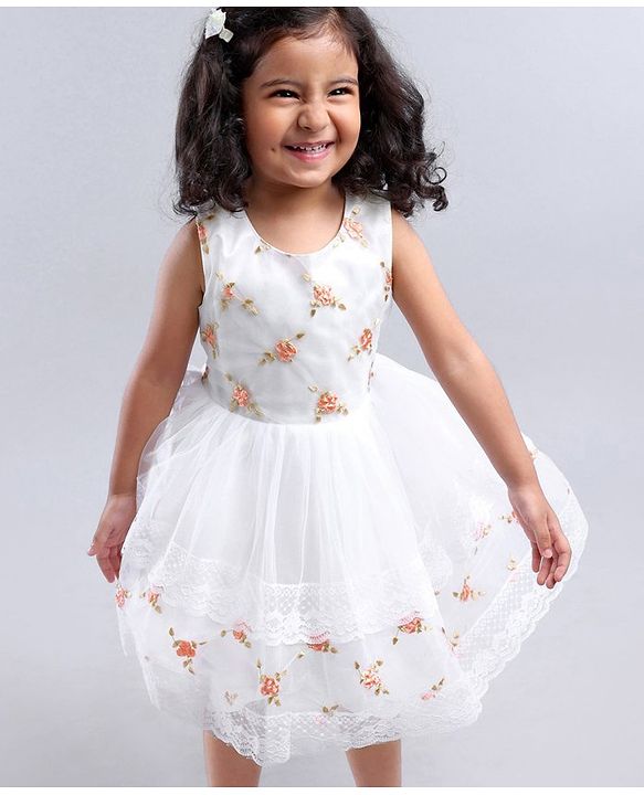 Babyhug Sleeveless Floral Embroidered Party Frock - Off White