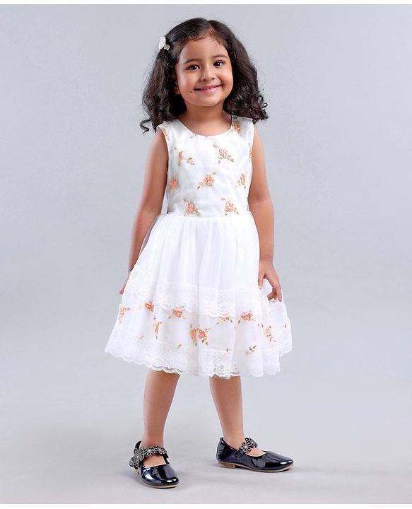 Babyhug Sleeveless Floral Embroidered Party Frock - Off White