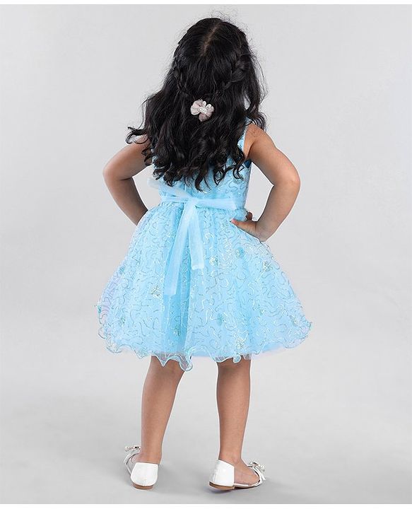 Babyhug Sleeveless Glittery Party Frock With Bow - Light Blue