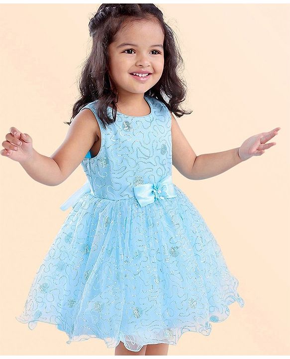 Babyhug Sleeveless Glittery Party Frock With Bow - Light Blue