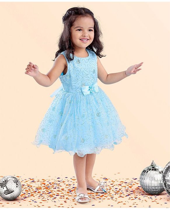 Babyhug Sleeveless Glittery Party Frock With Bow - Light Blue