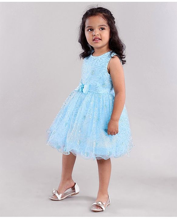 Babyhug Sleeveless Glittery Party Frock With Bow - Light Blue