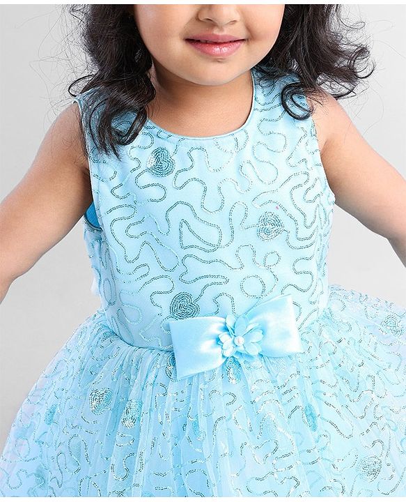 Babyhug Sleeveless Glittery Party Frock With Bow - Light Blue