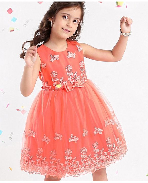 Babyhug Sleeveless Floral Embroidery Party Frock - Orange