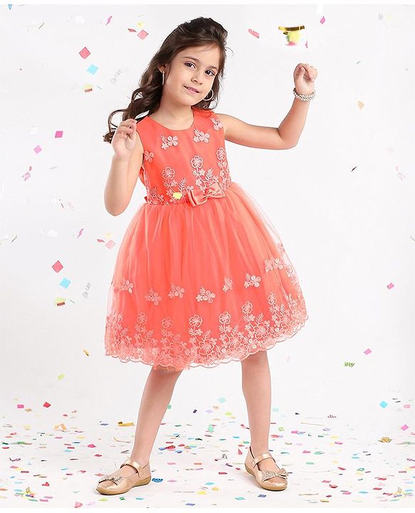 Babyhug Sleeveless Floral Embroidery Party Frock - Orange