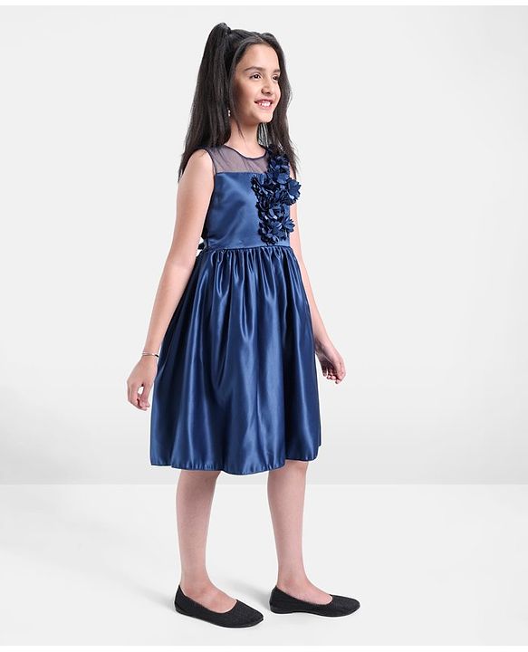 Pine Kids Party Wear Sleeveless Frock Floral Appliques - Navy Blue