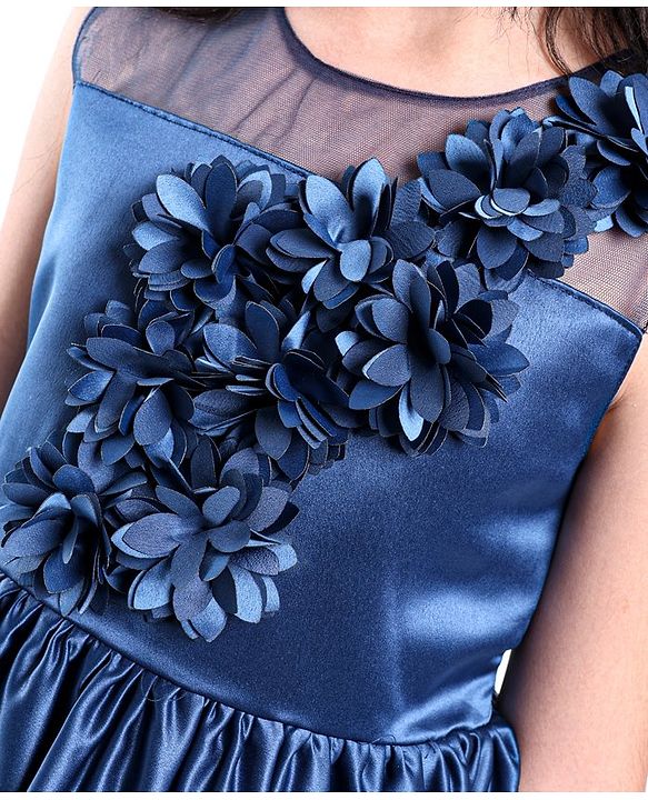 Pine Kids Party Wear Sleeveless Frock Floral Appliques - Navy Blue