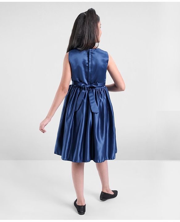 Pine Kids Party Wear Sleeveless Frock Floral Appliques - Navy Blue