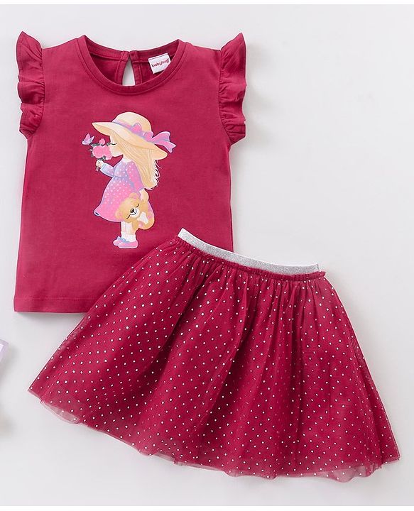Babyhug Short Sleeves Knit Top & Knee Length Fancy Mesh Skirt  With Foil - Maroon