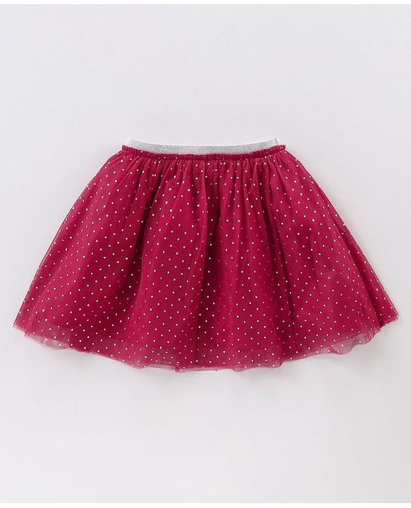 Babyhug Short Sleeves Knit Top & Knee Length Fancy Mesh Skirt  With Foil - Maroon