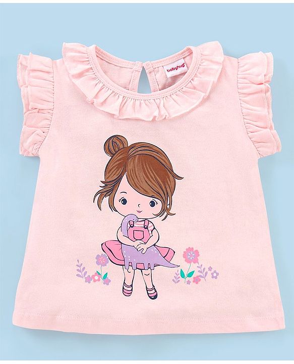 Babyhug Frill Sleeves Cotton Top & Skirt Set With Net Detailing Placement Print- Pink Lilac