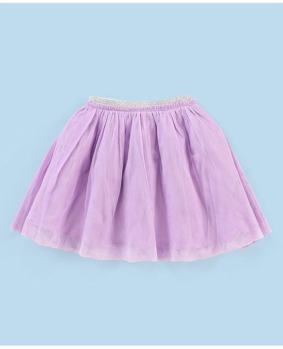 Babyhug Frill Sleeves Cotton Top & Skirt Set With Net Detailing Placement Print- Pink Lilac