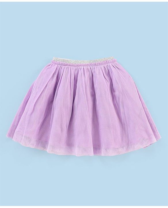 Babyhug Frill Sleeves Cotton Top & Skirt Set With Net Detailing Placement Print- Pink Lilac